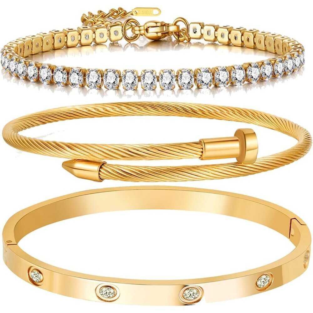 Gold Plated Love Bangle Set Stainless Steel Tennis Bracelets for Women